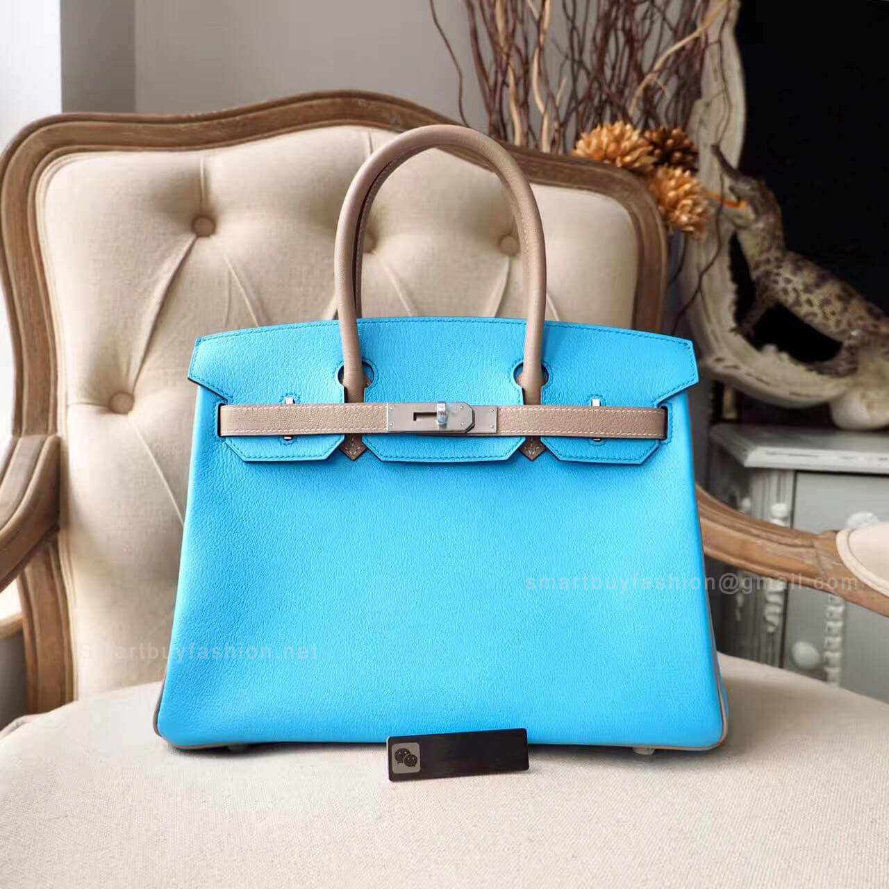 Hermes Birkin 30 Handbag in Bicolored 7n Celeste Chevre Myzore PHW